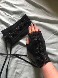 Czarne damskie seksowne rękawiczki bez palców sznurowane koronkowe