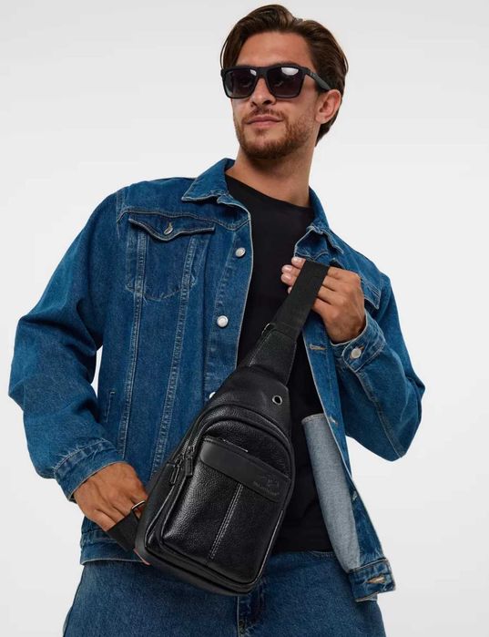 Чоловіча черная кожаная сумка бананка месенджер слінг барсетка 3в1