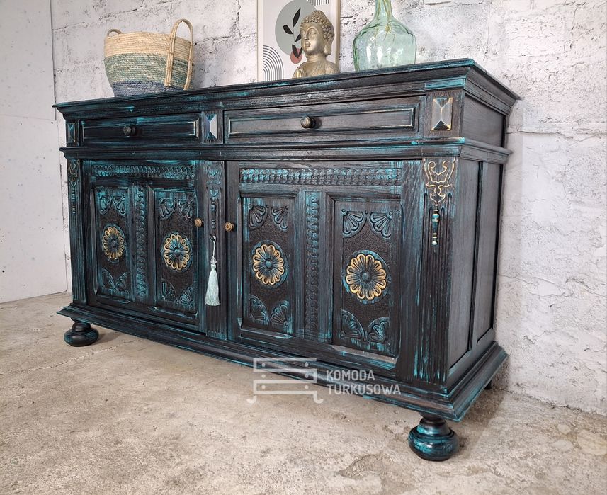 Komoda dębowa, mandale, ANTYK, vintage, czarna turkus