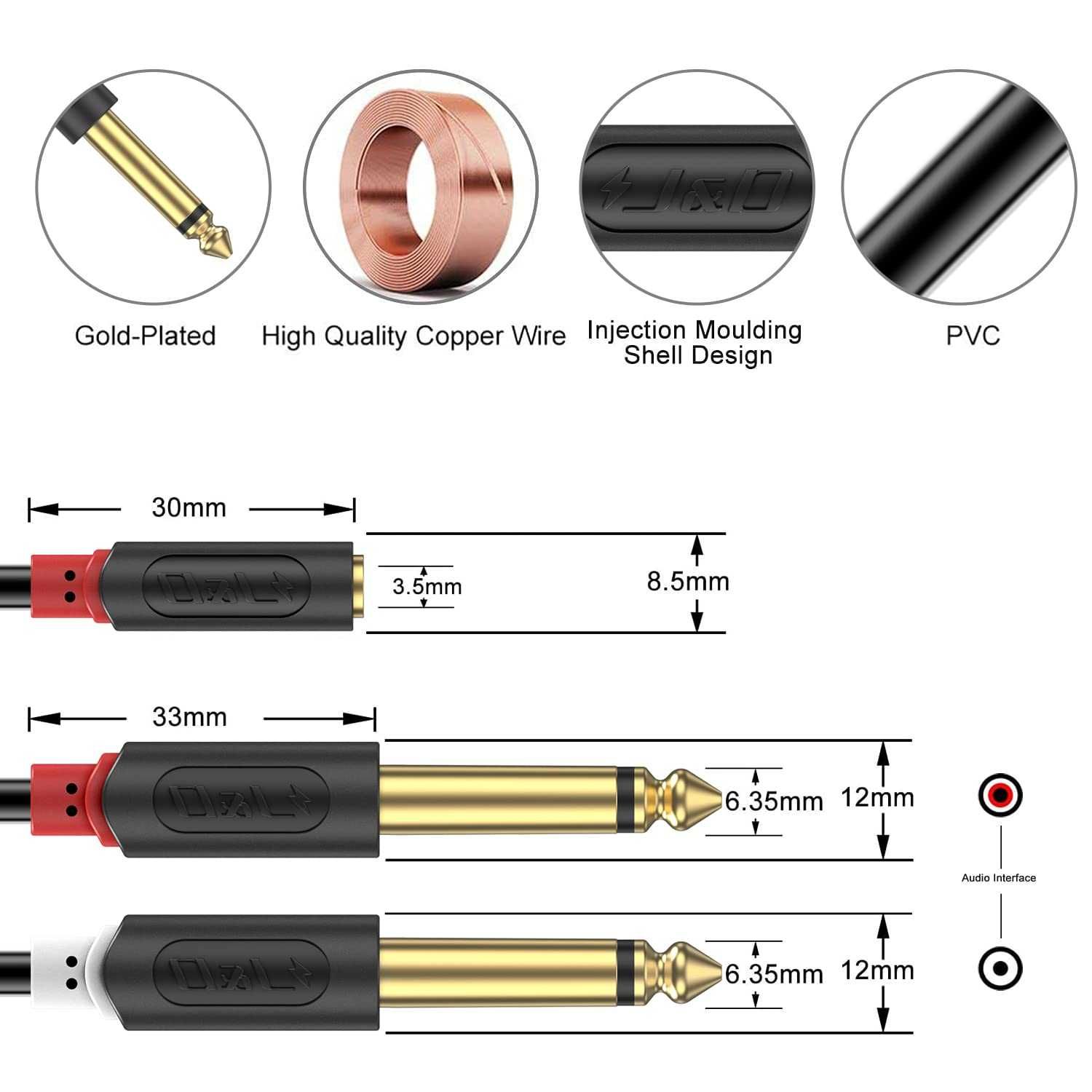 Аудио кабель стерео J&D 3.5mm - 6.3mm Male TRS 1/4-1/8 дюйма 0,9м