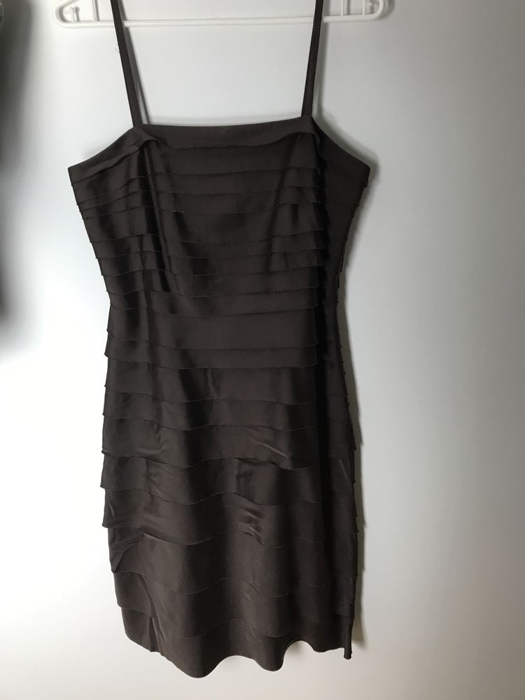 Komplet brązowa elegancka sukienka midi + żakiet kwiaty vintage