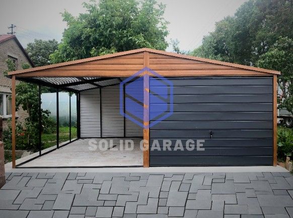 Drewnopodobny garaż blaszany 6x5m, dwustanowiskowy, z wiatą |9x6 8x7|