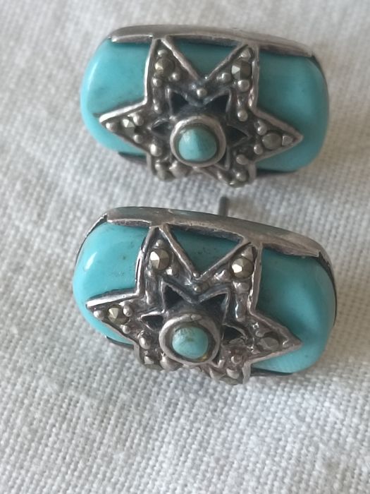 Серьги старинные.Серебро,бирюза, марказиты.Вес 10 грамм