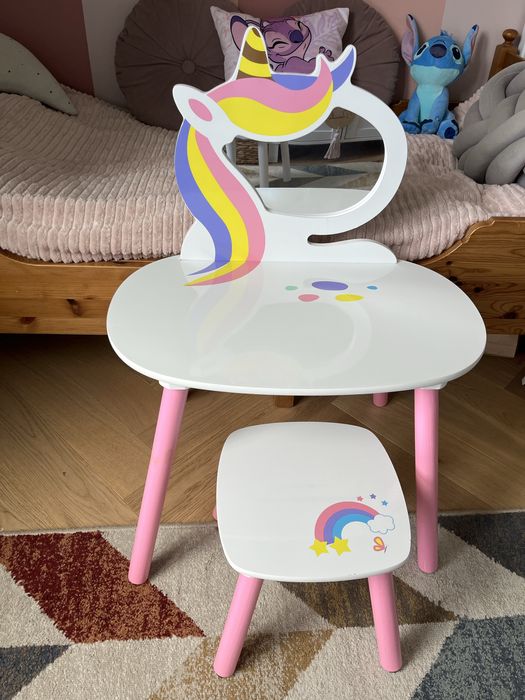 Toaletka drewniana z jednorożcem i lusterkiem + krzesełko