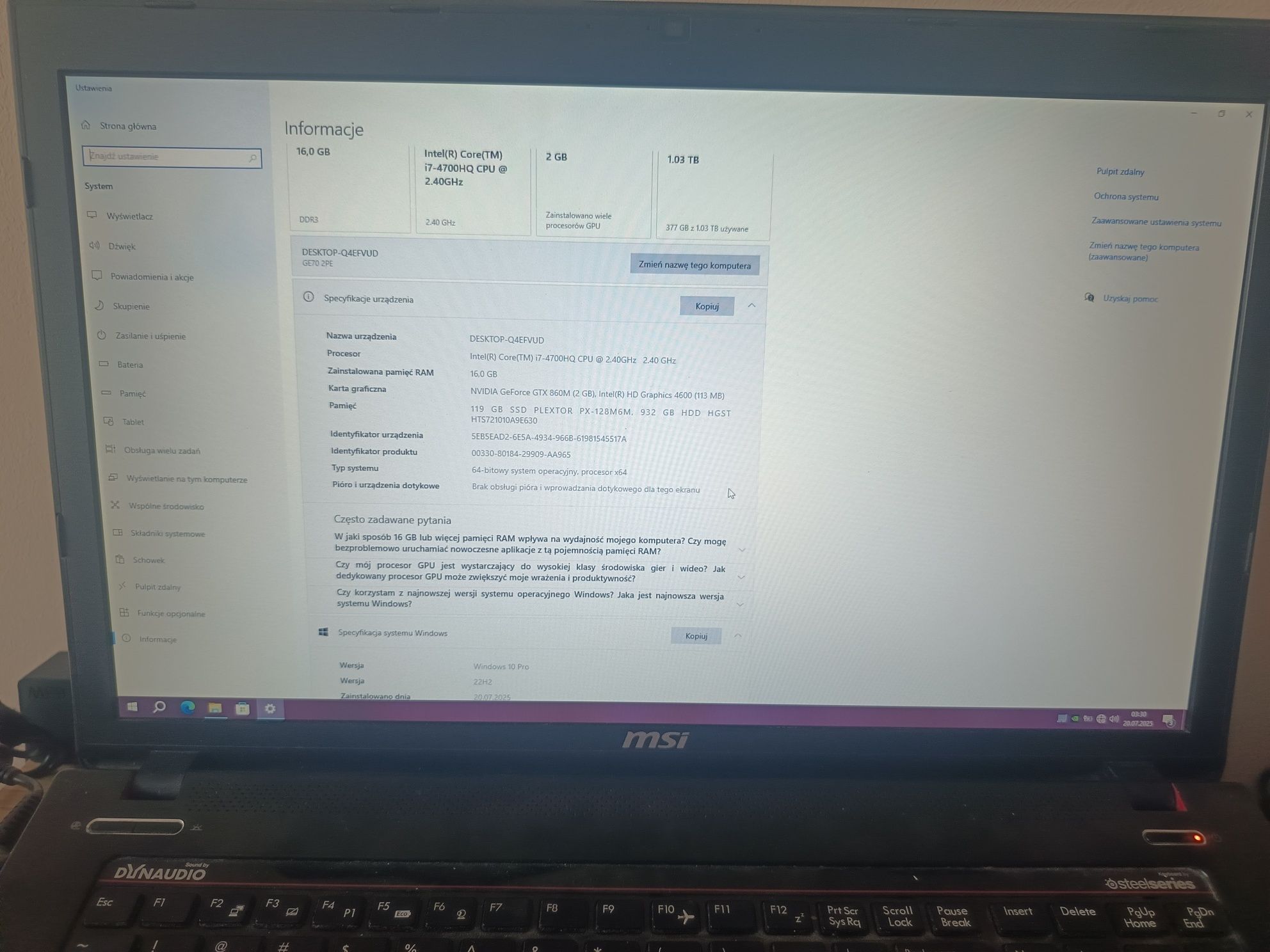 Latop gamingowy MSI ge 70 2pe Apache Pro i7 geforce gtx 16gb ram