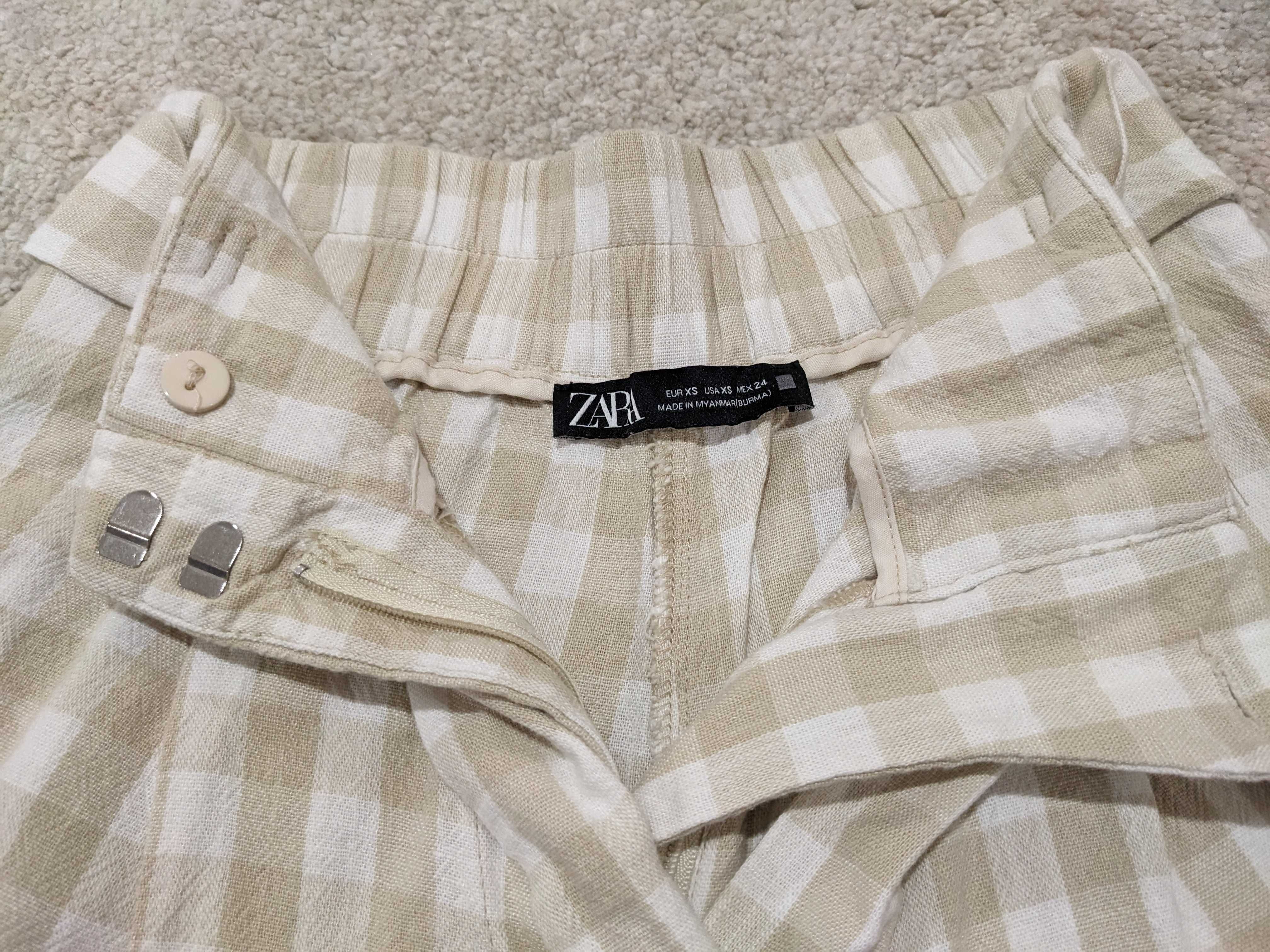 Calções Linho Quadradinhos bege/branco cintura subida (XS / Zara)
