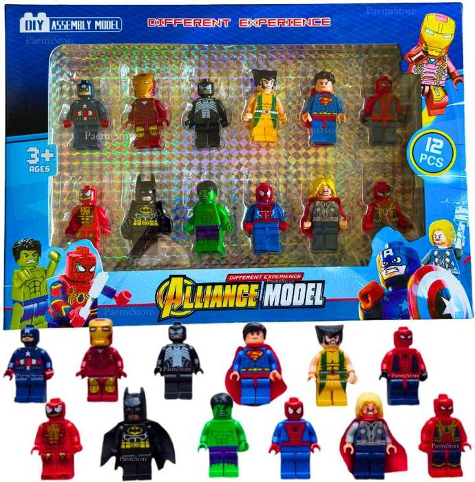 Figurki Klocki Avengers 12 szt Superman Spiderman Hulk Batman Iron Man