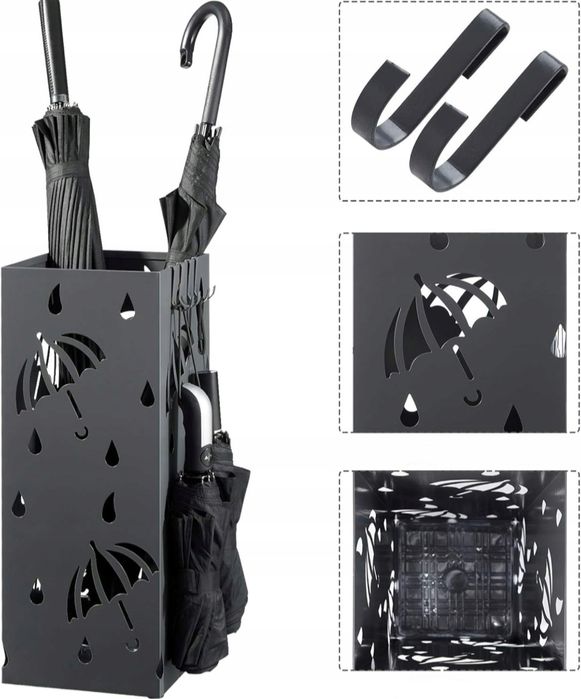 Stojak na parasole metalowy z 4 haczykami z ociekaczem 20 x 20 x 49 cm