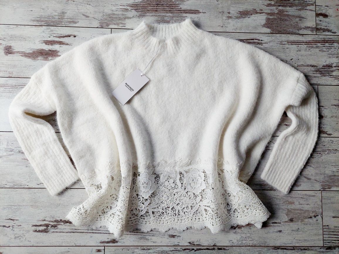 Manosque, kremowy miękki sweter oversize z koronką i wełną, nowy
