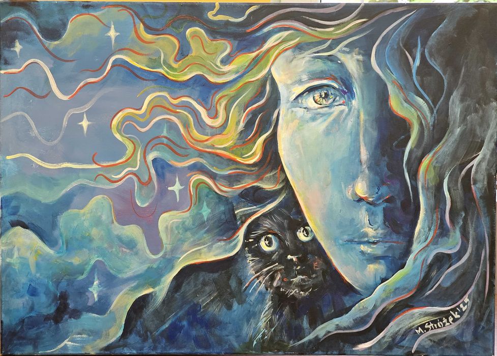 Obraz "Wiedźma z kotem" akryl na płótnie 50x70