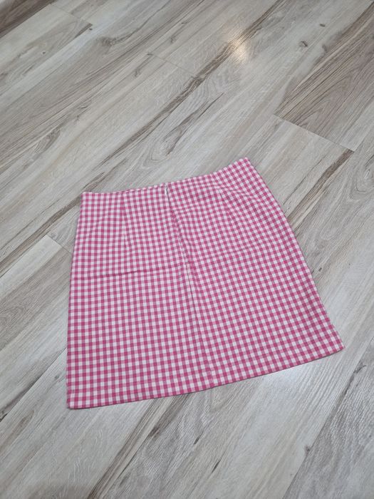 Spodniczka mini z rozcięciami, letnia spódniczka w kratkę, różowa