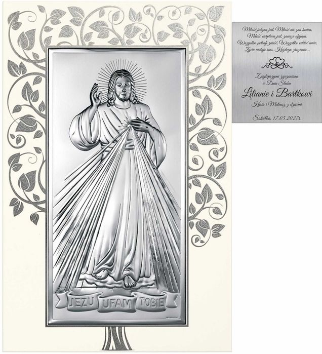 Pamiątka Komunii Srebrny Obrazek z Grawerem Jezu Ufam Tobie