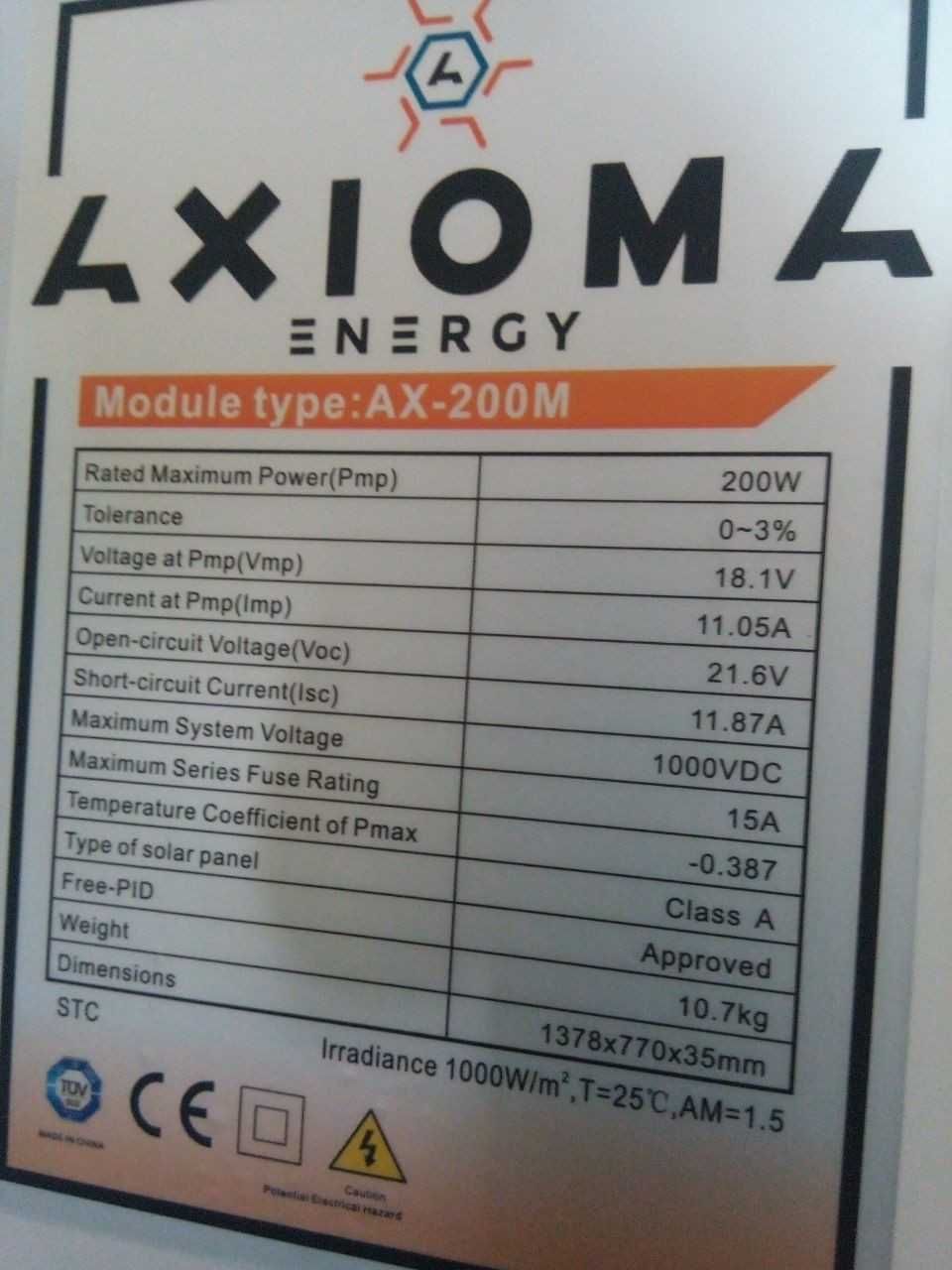 Cолнечная Панель 200 Вт 12 В AX-200M монокристалл AXIOMA energy