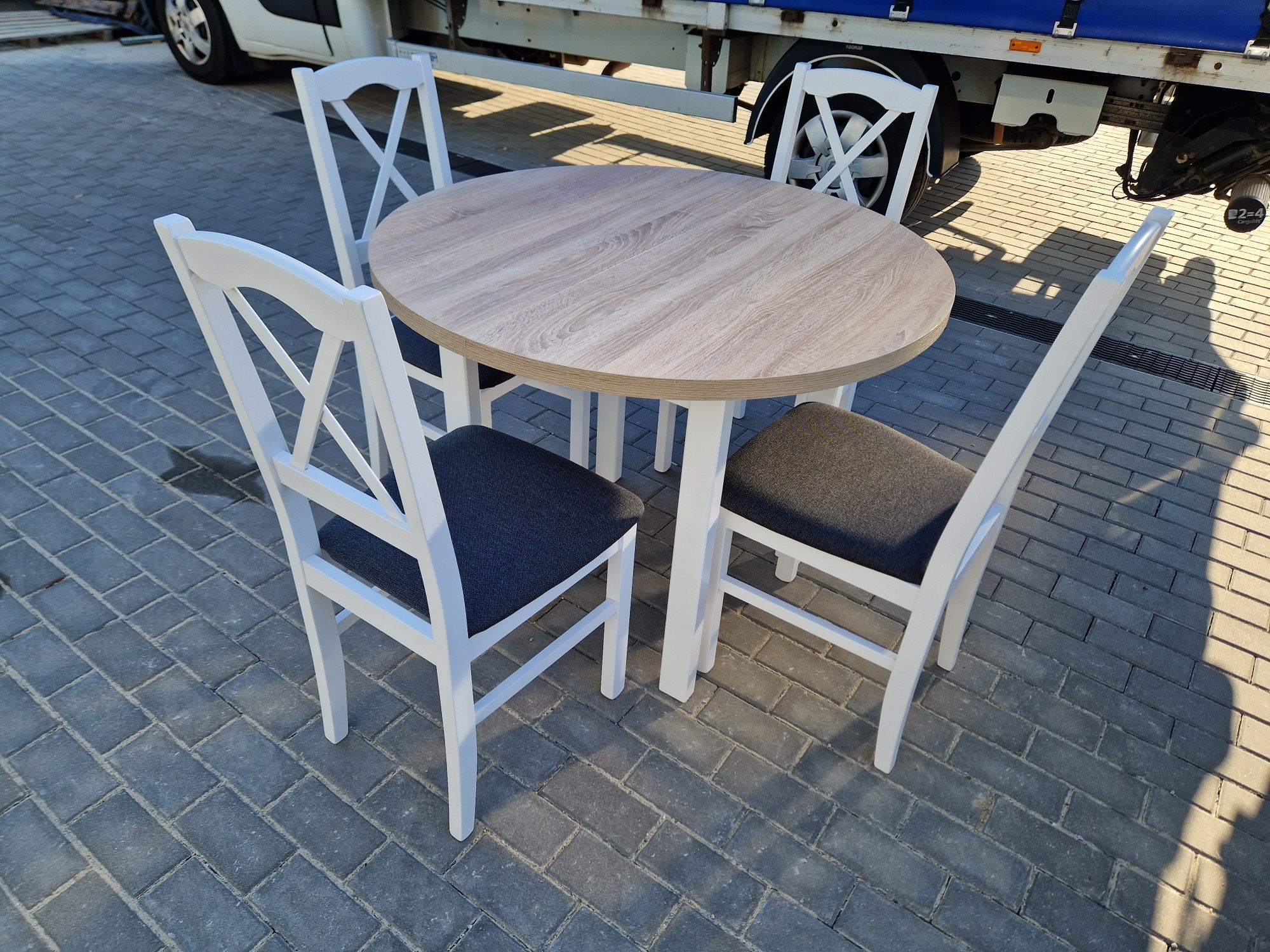 Nowe : Stół okrągły + 4 krzesła, biały/sonoma + grafit , dostawa PL