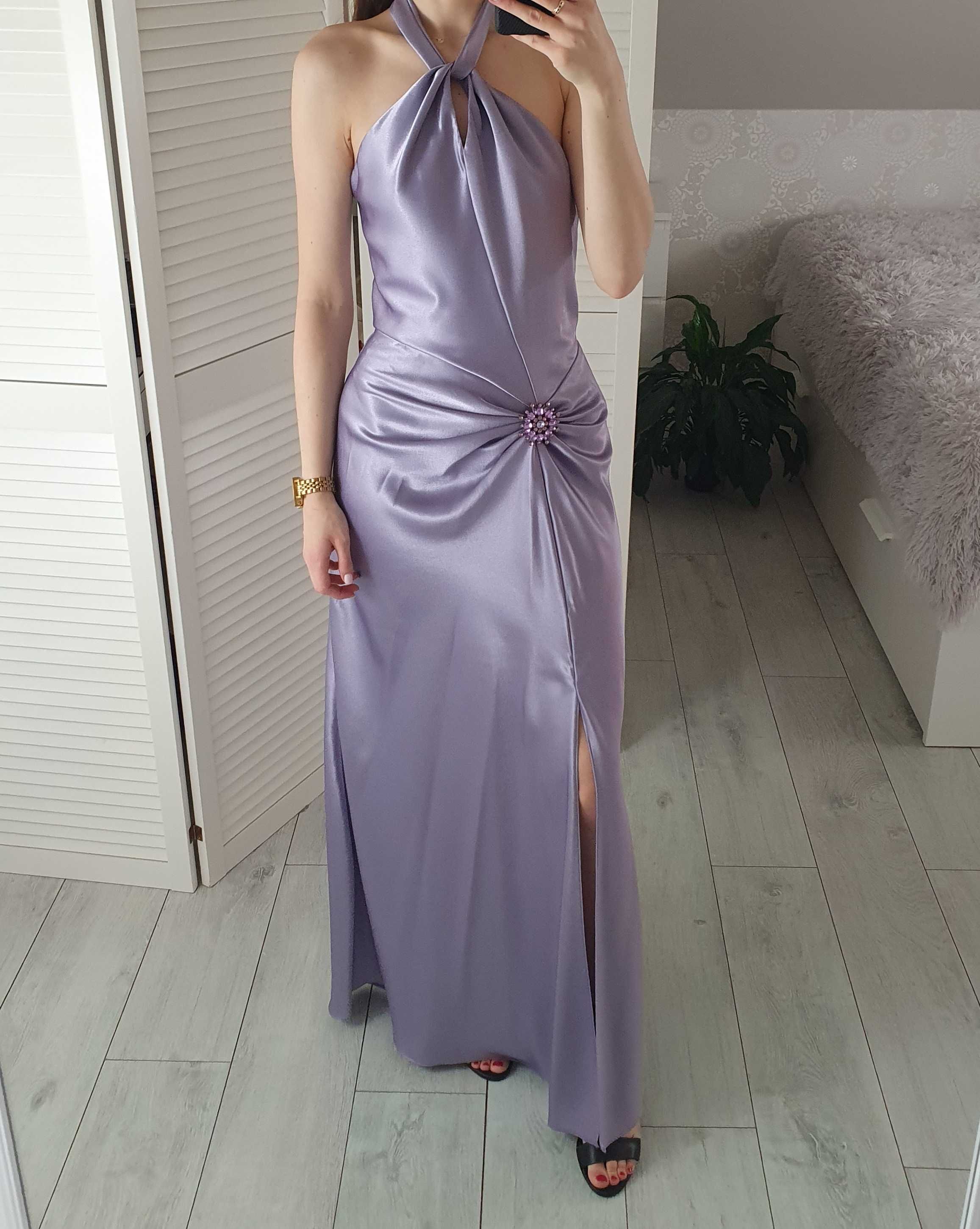 Aspeed fioletowa satynowa sukienka maxi długa z gołymi plecami S