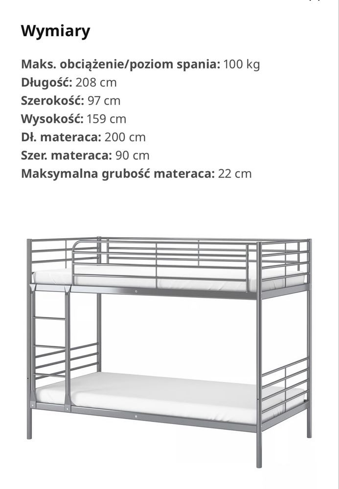 Łóżko piętrowe metalowe SVÄRTA z IKEA