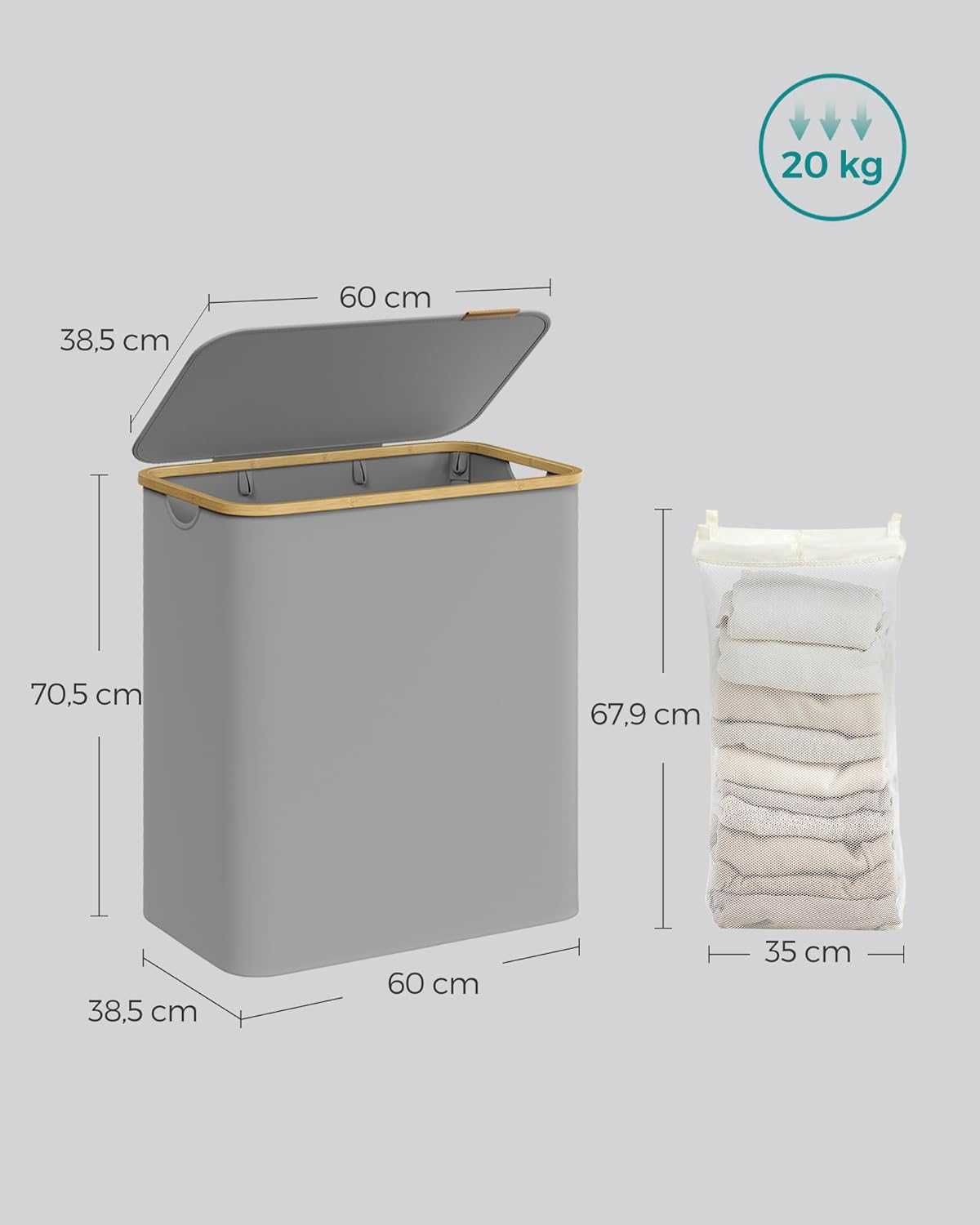 Kosz na pranie z 3 przegródkami 150L składany 60x38,5x70,5 cm szary