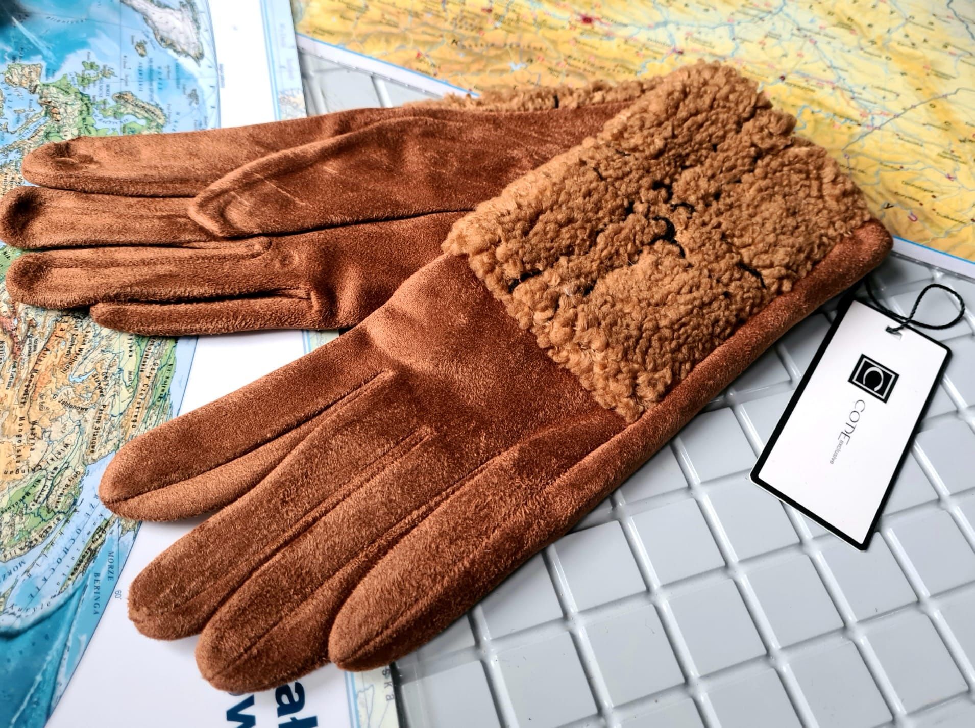 Code ocieplane damskie rękawiczki zimowe nowe modne brąz