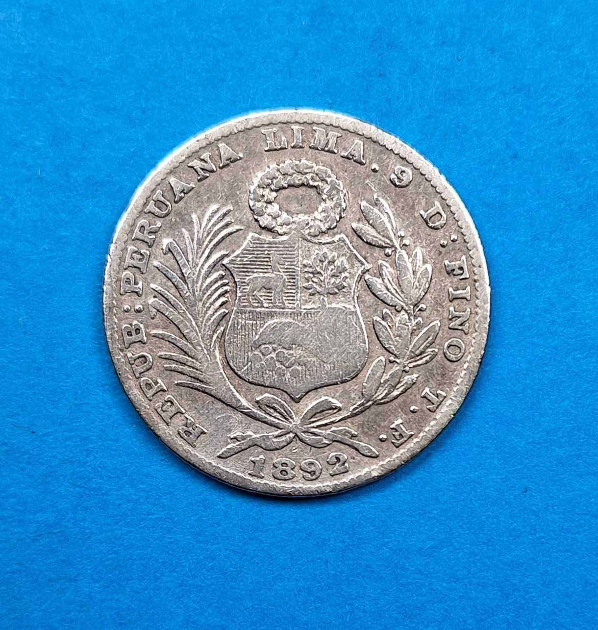 Peru 1/5 sola rok 1892, dobry stan, srebro 0,900