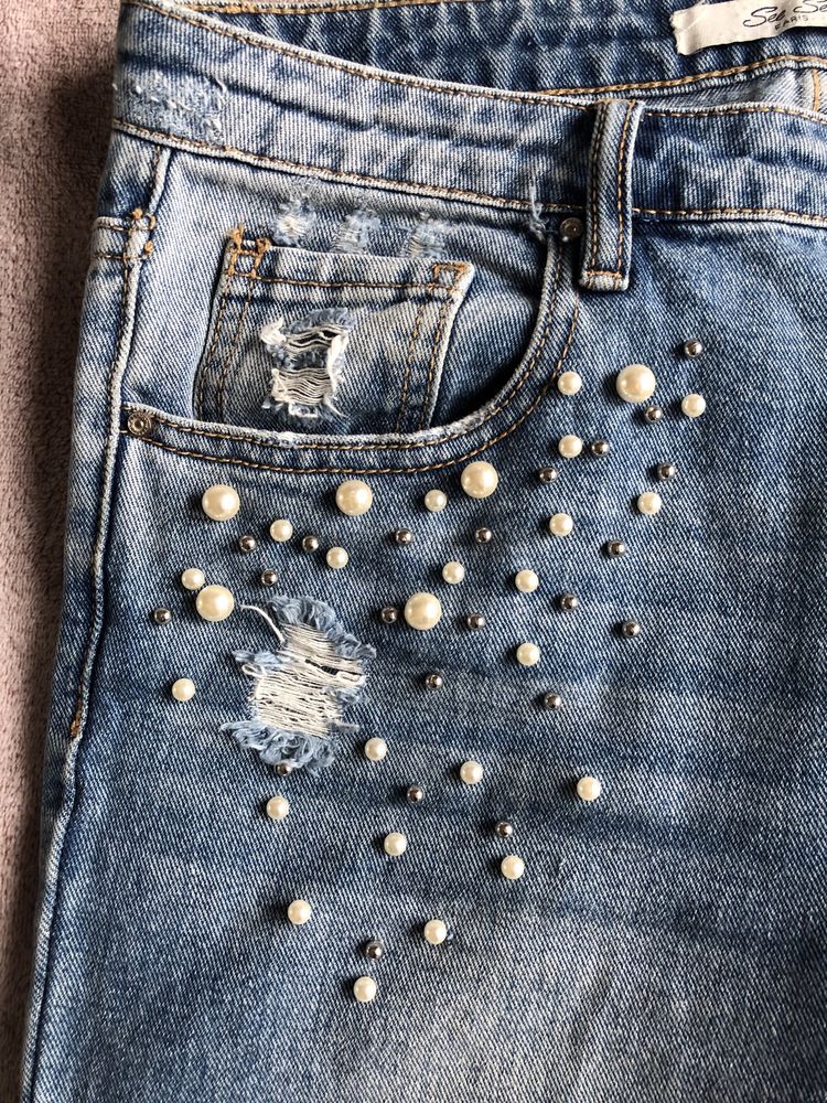 spodnie jeansowe See See z perełkami