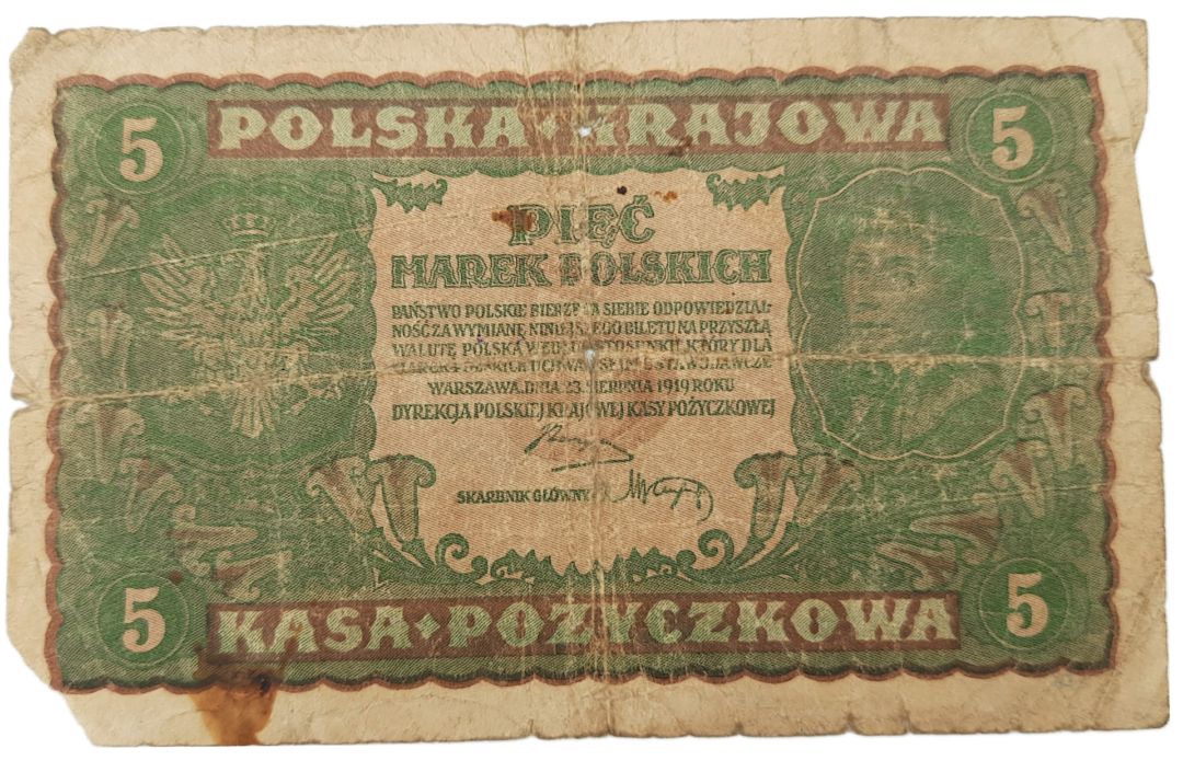 Stary Banknot kolekcjonerski 5 marek polskich Polska 1919