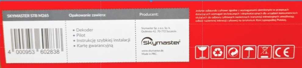 Dekoder do odbioru TV naziemnej DVB-T2 i DVB-T, Skymaster, Gwarancja
