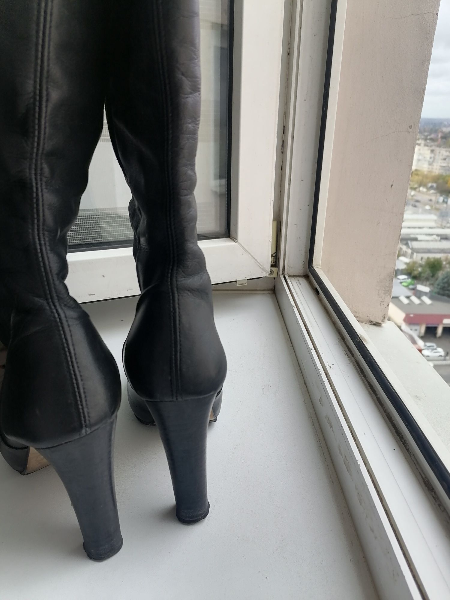 Сапоги кожаные демисезонные на каблуке, 40 размер