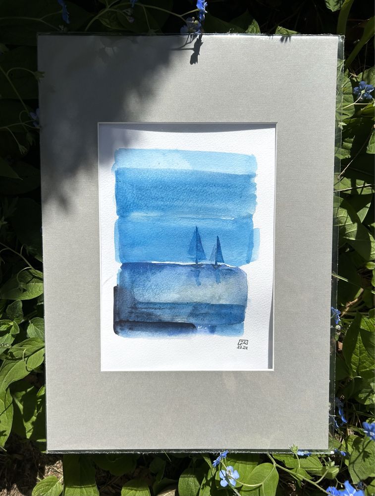 Praca autorska w akwareli „ Dwie łódki w niebieskim ” 20,5 x 16,5 cm