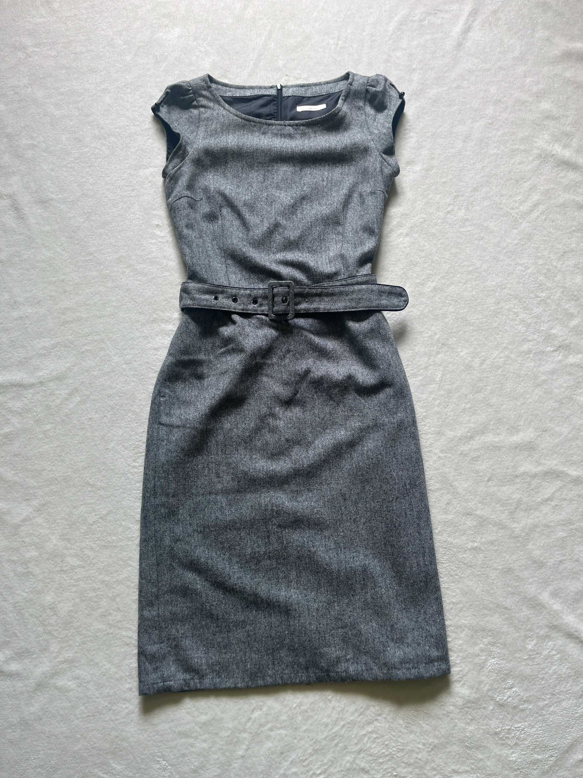 Reserved sukienka szara elegancka z paskiem midi wełna wełniana XS