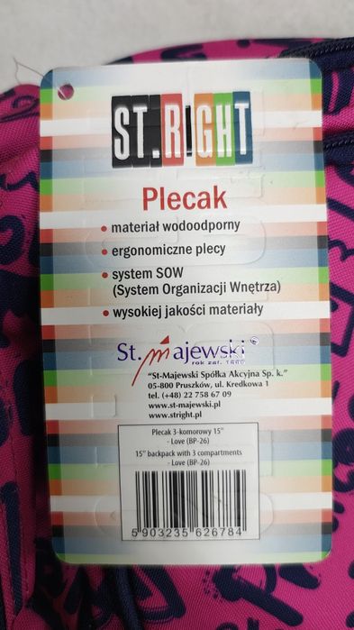 Plecak trzykomorowy. St. Right. Majewski. Nowy