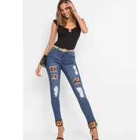 bonprix jeansowe spodnie rurki skinny przetarcia panterka granatowe 34