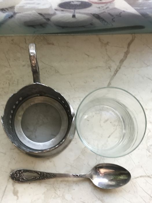 Набор подстаканник космос+ тонкостенный  стакан  + ложка. Мельхиор.