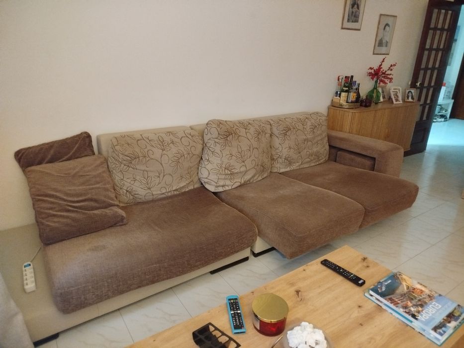 Sofá canto  pele e tecido