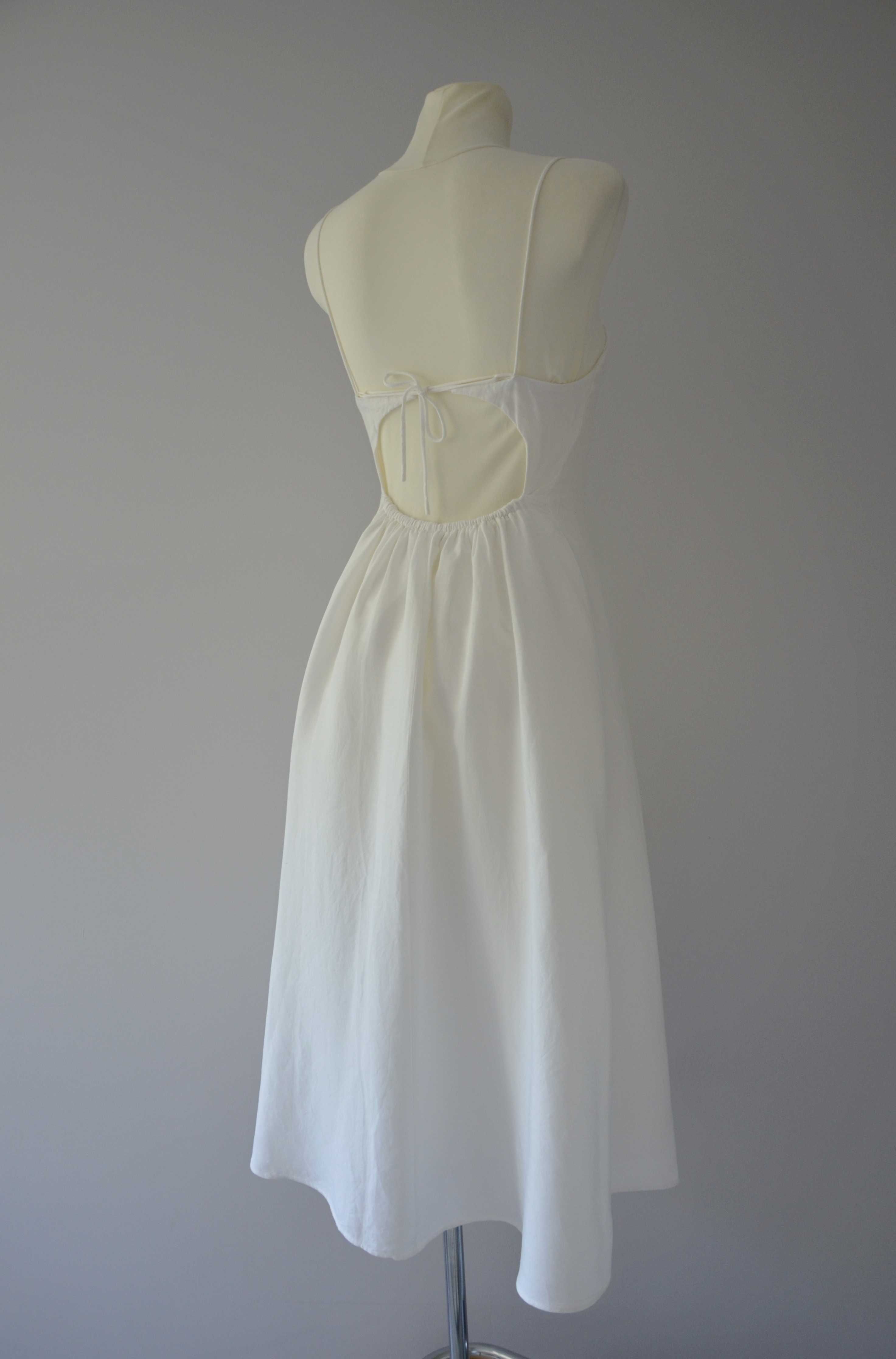 Oysho długa biała lniana sukienka len linen old money style 36 S
