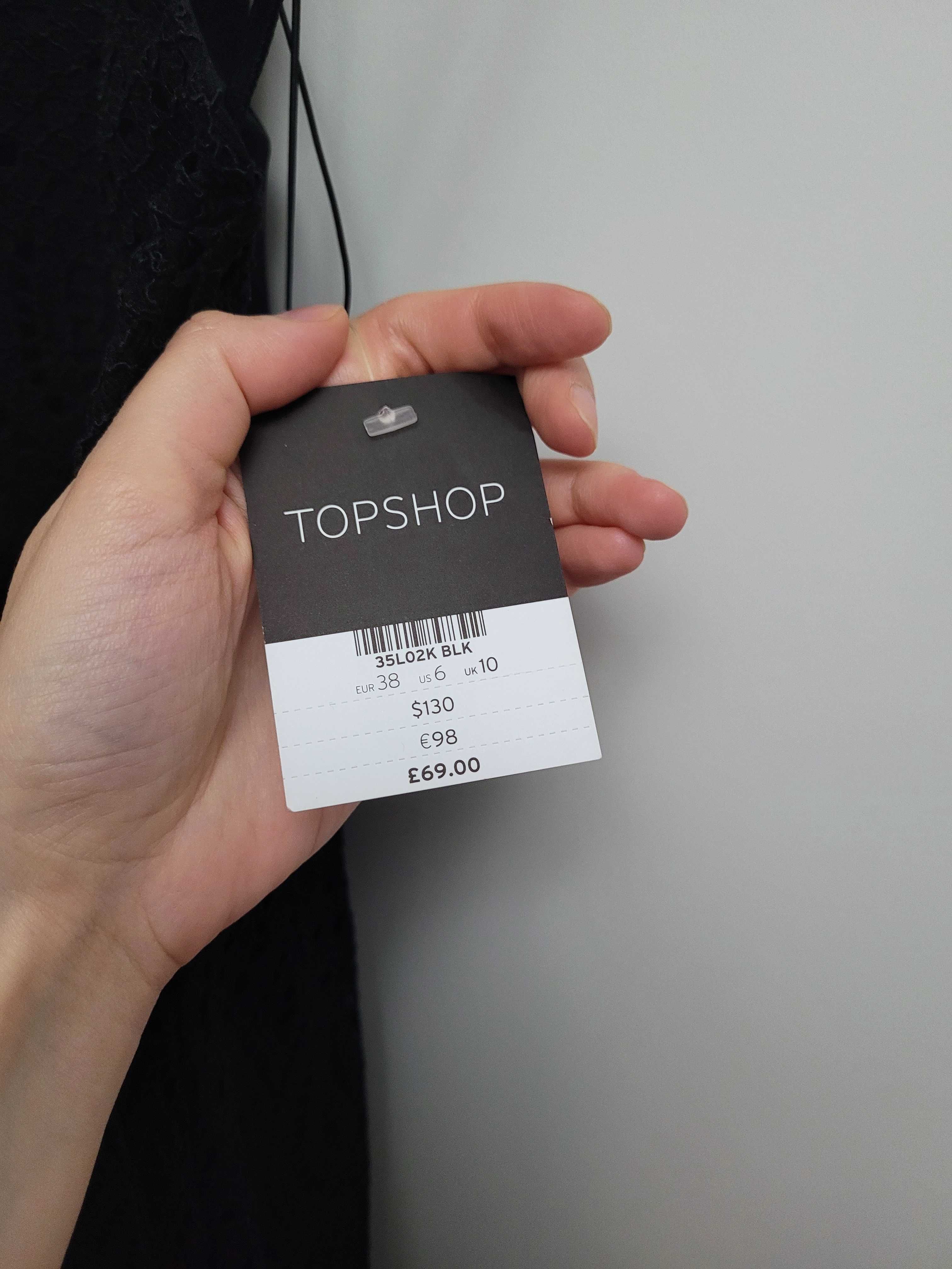 Topshop czarna sukienka midi gipura koronka koronkowa halter 36 38 S M