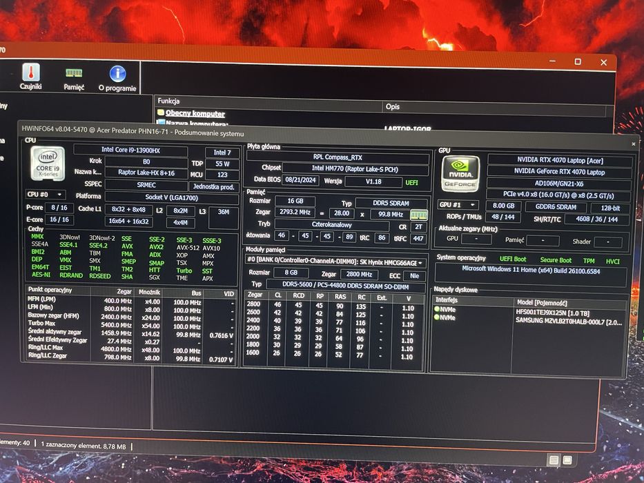 Laptop gamingowy Acer predator helios neo. I9-13th/RTX4070/16GB/1TB