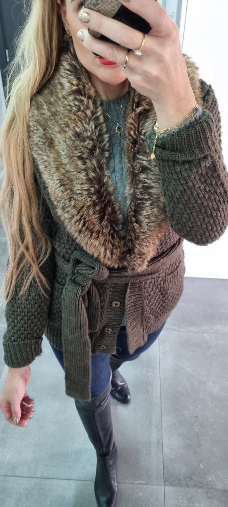 Sweter kardigan Zara Knit 38 M futerko futrzany kołnierz