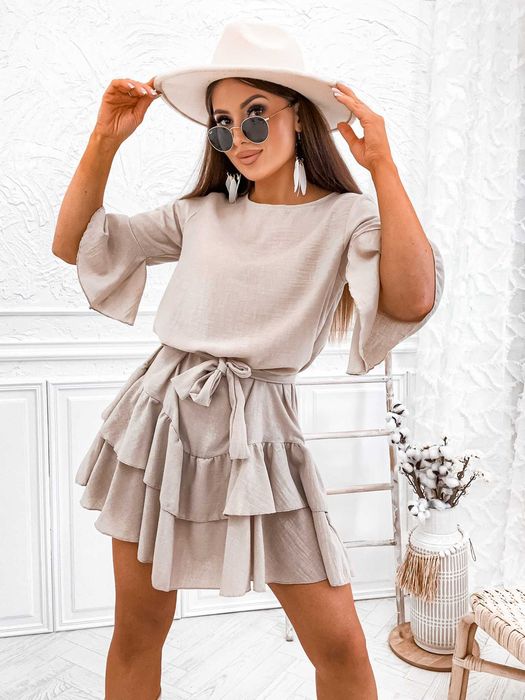 Bawełniano lniana Sukienka z falbaną MOON beżowa boho S/M