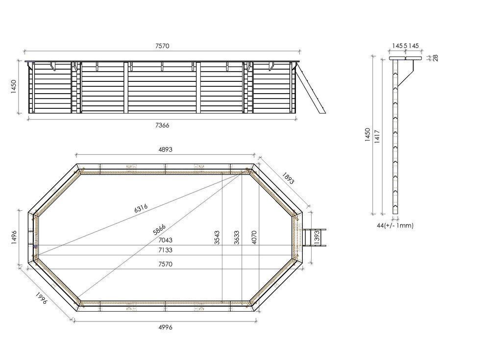 Basen ogrodowy drewniany 7,5m x 4,07m x H.1,45m BAS751OSP+SZA6