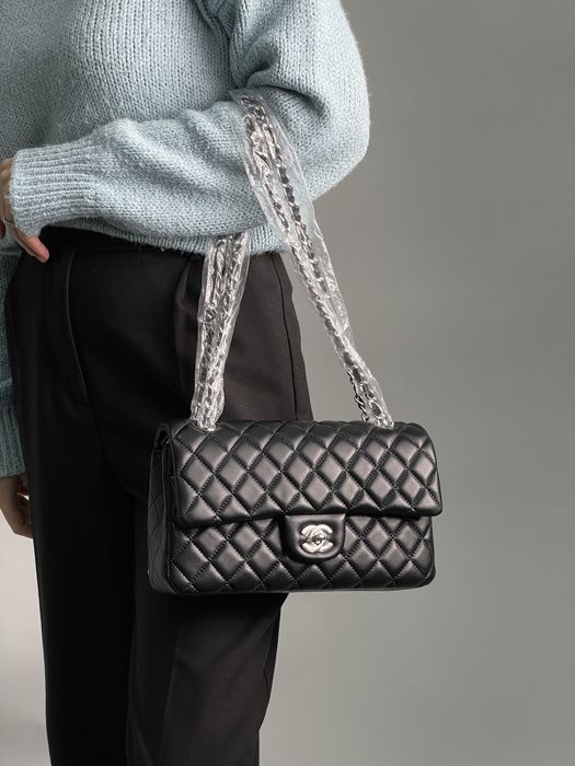 Сумка Chanel Classic 2.55 Medium Double Flap шкіра | чорна | срібло