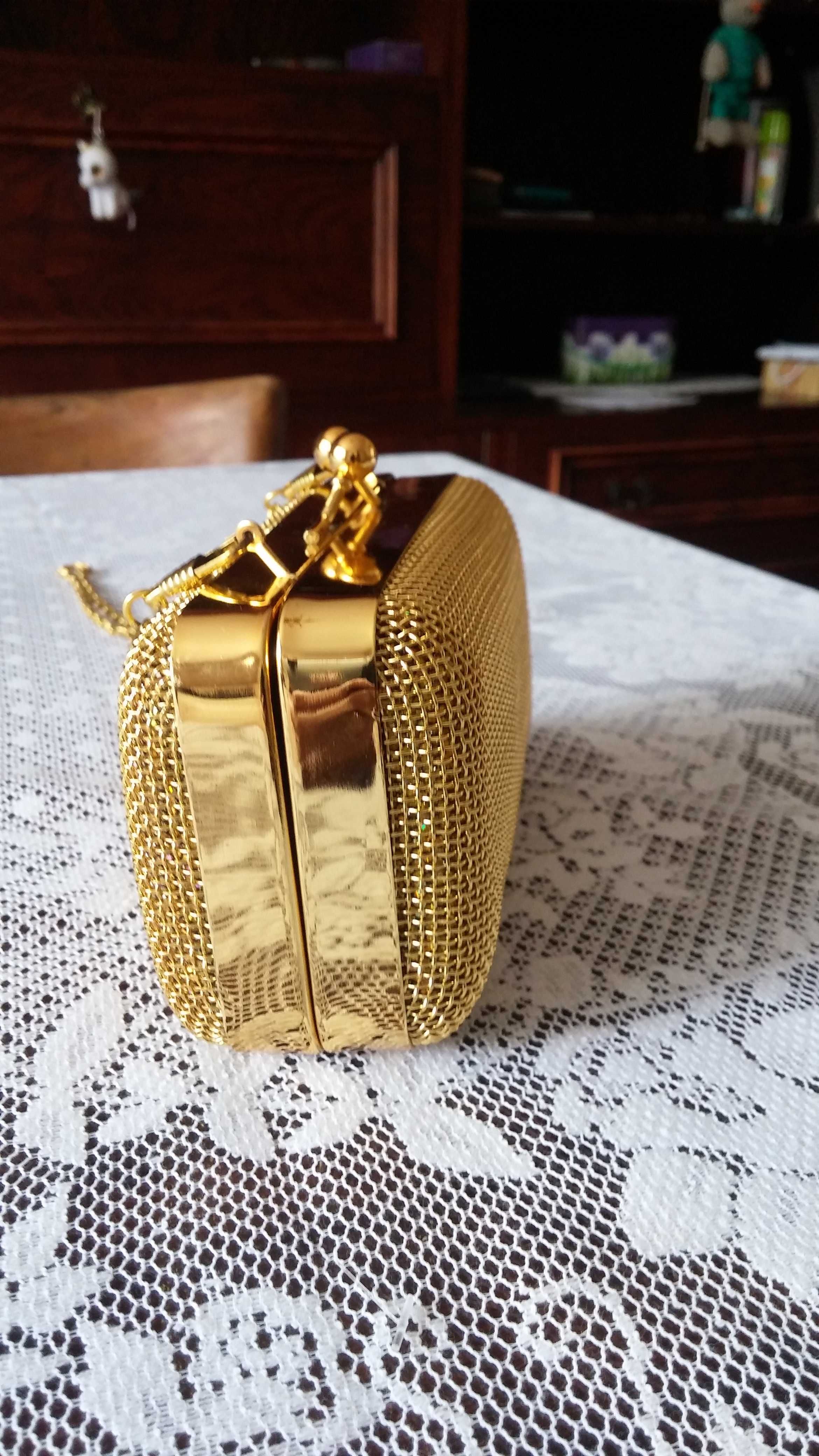 Piękna , złota torebka biżuteryjna Cubus na długim łańcuszku - bdb !!
