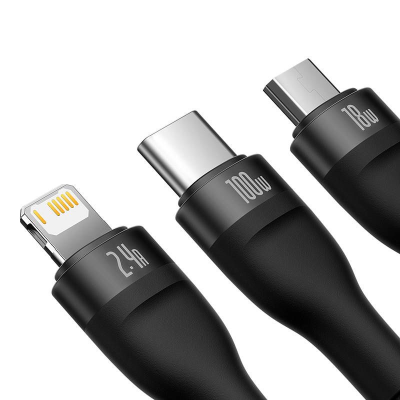 Kabel USB 3w1 Baseus Flash Series, USB-C + micro USB + Lightning, 100W