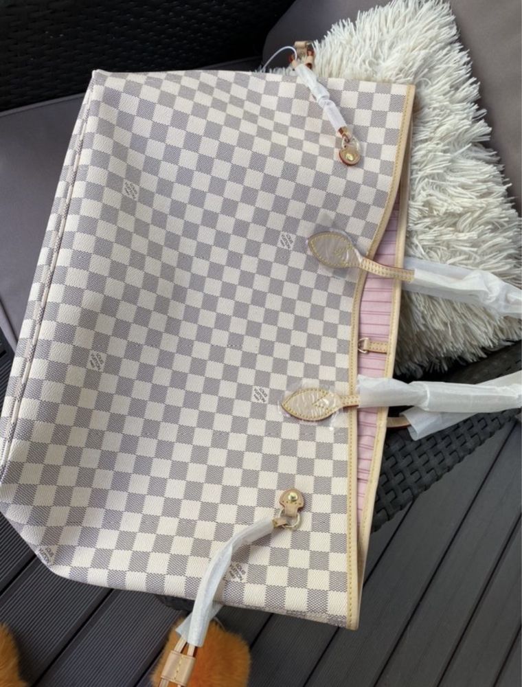 Louis Vuitton Neverfull GM Damier Azur różowy środek torebka skóra