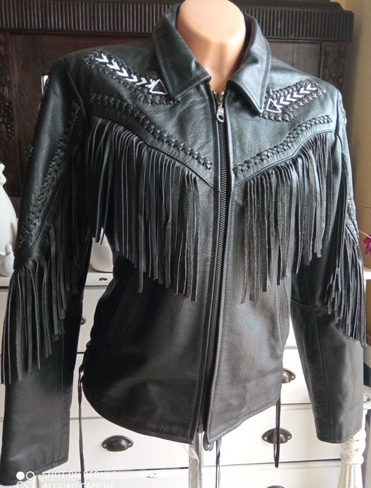 GENUINE LEATHER kurtka skóra naturalna hafty frędzle 108cm pachy
