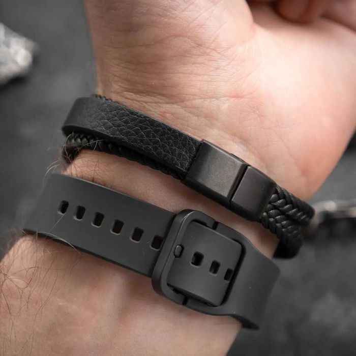 Чоловічий браслет FOTON чорний шкіряний з металом