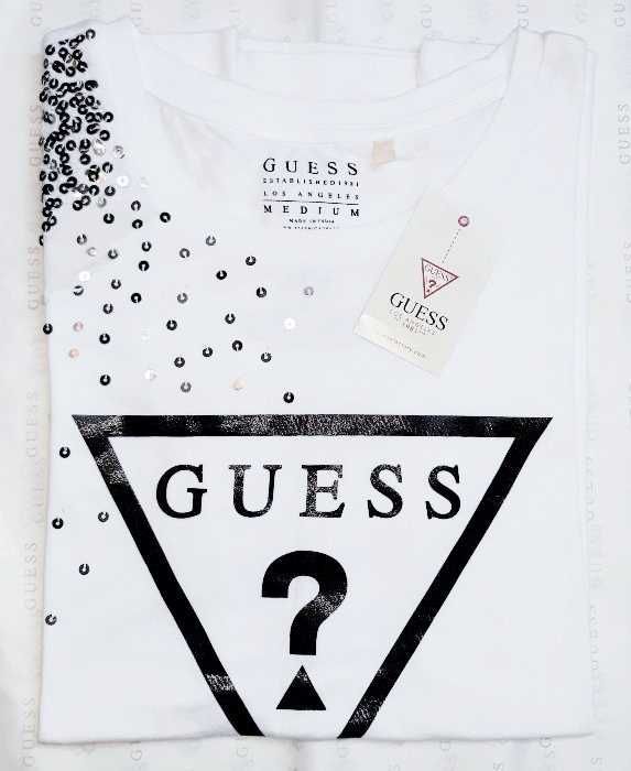 GUESS Oryginalna Koszulka T-Shirt Bluzka Sniezny Pyl Cekiny Confetti