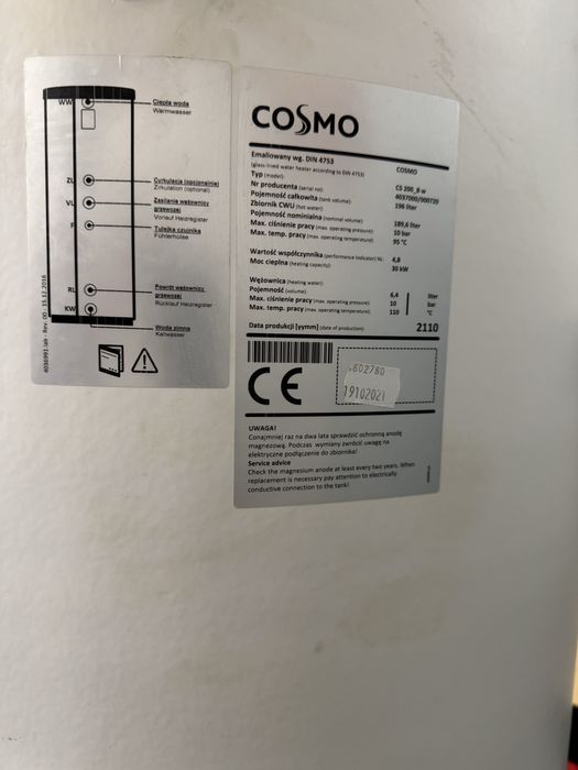 Zbiornik na ciepłą wodę COSMO CS 200.6 – 195 litrów, stan bardzo dobry