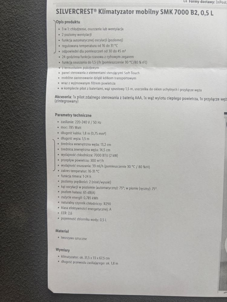 Klimatyzator przenośny lidl
