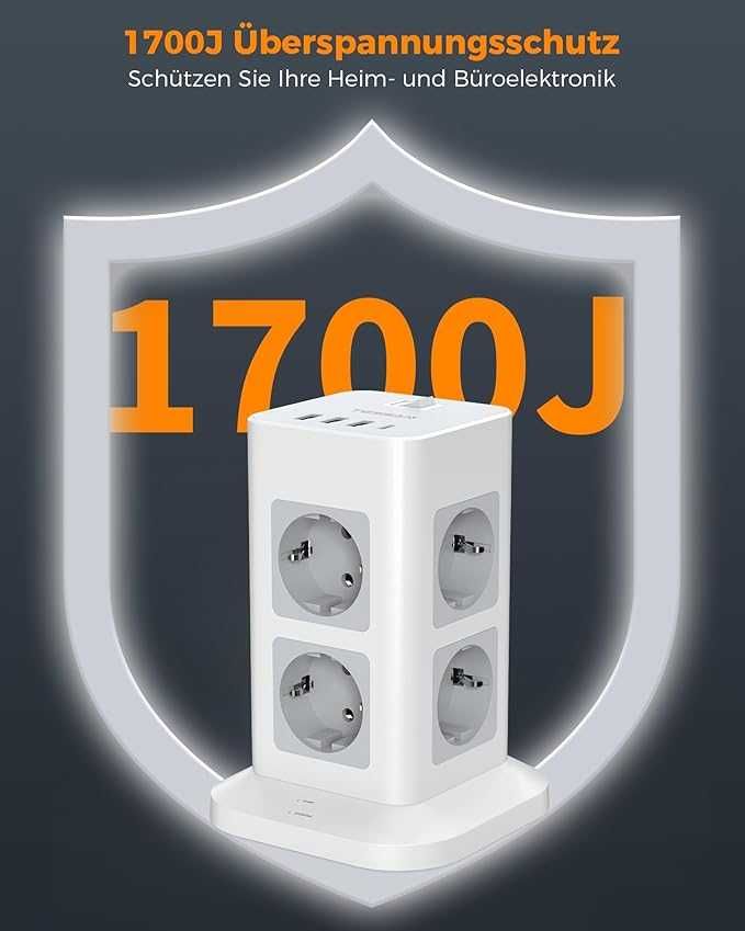 TESSAN Listwa zasilająca pionowa 8 gniazd z 3 USB A i USB C 2 metry