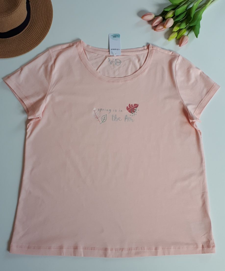 T-shirt damski pudrowy róż print L/XL